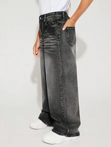 Radiana Tween Girls Y2K 酷炫时尚水洗猫须斜口袋宽松阔腿牛仔裤，女孩秋装返校街头装 - 黑色 - 查看 7