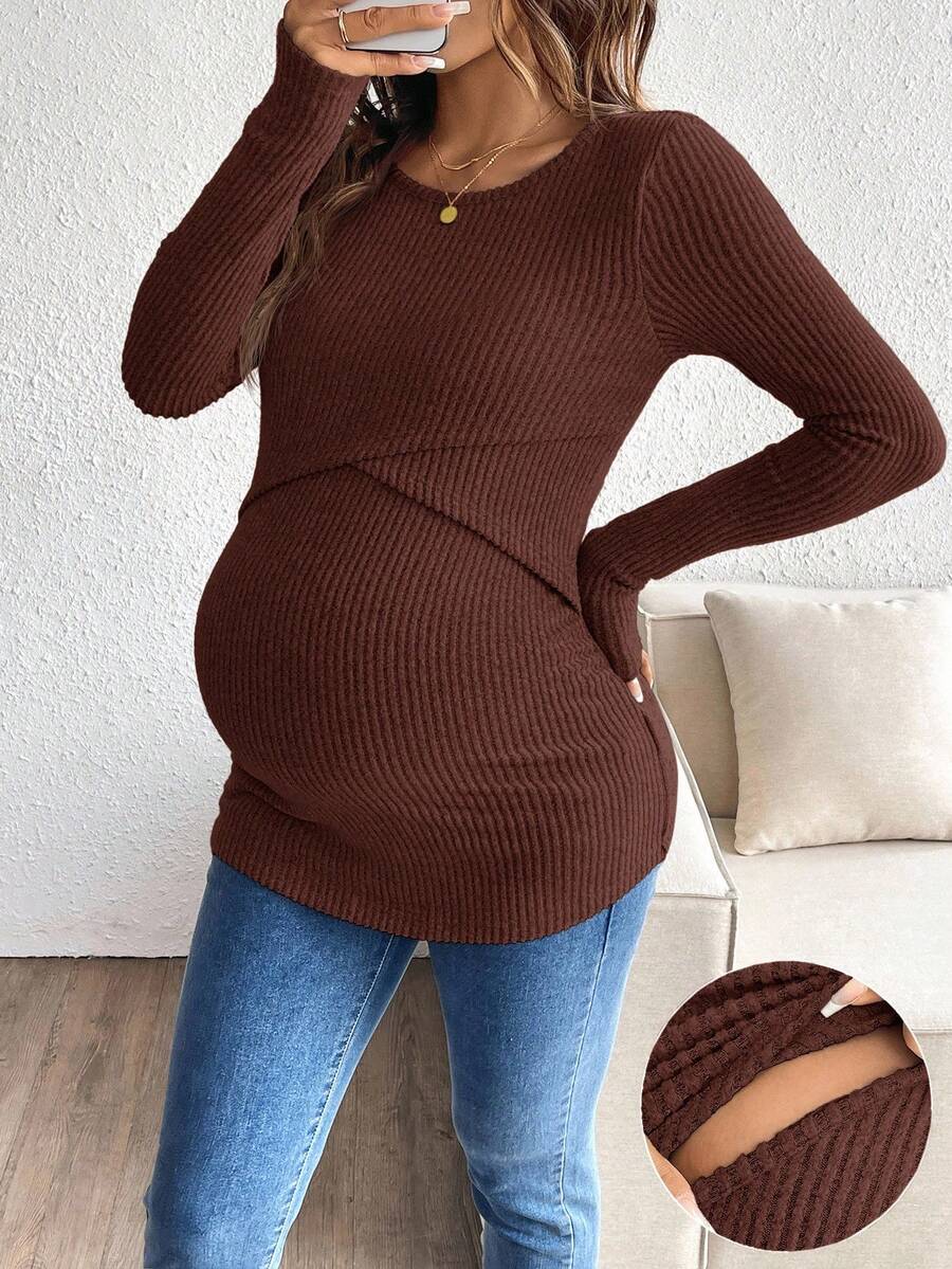 SHEIN Maternity Nursing Casual Solid Color Round Neck Fitted Long Sleeve T-Shirt, Autumn Pregnant Long Sleeve Maternity Top Fall - Coffee Brown - View 1