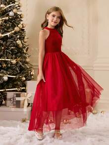 青少年女孩优雅复古高领无袖高腰长款天鹅绒拼布波尔卡圆点薄纱蓬松连衣裙，酒红色公主裙，适合毕业典礼、舞会、圣诞派对、生日 - 酒紅色 - 查看 4