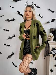 SHEIN ChicEase Halloween Fashionable Skull Pattern Cardigan - Army Green - View 5