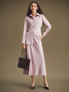 Ontre Elegant Style, Light Pink, Satin Material, Flared Skirt, Elastic Waist, Women's A-Line Skirt, Minimalist Design, Everyday Wear, Business Commute, New Collection 2025 Modern Urban Casual Fashion Business Casual Women's Office Wear Low-Key Old Money Style Effortless Temperament High-End Urban Commuting High-Quality Airport Women's Wear High-End Material High-End, Elegant, Old-Fashioned Cruise Clothing Wedding Guest Dress For Women Christmas Women's Clothing