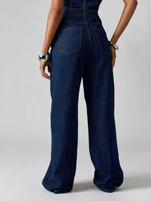 MISSGUIDED 棉质细条纹牛仔高腰阔腿牛仔裤，女式复古风格直筒阔腿裤，带细条纹图案 - 深色水洗藍 - 查看 2