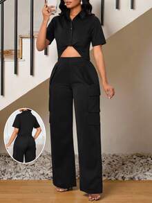 SHEIN Lady Women's Summer Fashion Solid Color Shirt & Cargo Pants 2 Pieces Set - Black - View 1