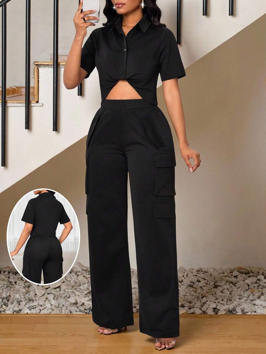 SHEIN Lady Women's Summer Fashion Solid Color Shirt & Cargo Pants 2 Pieces Set - Black - View 1