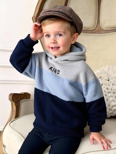 PrepCrw Sudadera con capucha de terciopelo dopamina cómoda, informal, moderna, suave y cálida para niño joven con bloques de color y estampado de letras, adecuada para el invierno.