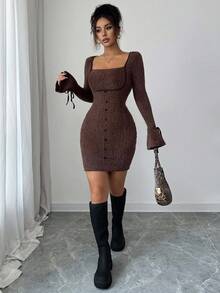 Modelyn Women's Fall Elegant Short Dress, Autumn/Winter - Coffee Brown - View 4