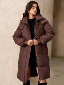 Aveloria Rosie Women's Mid-Length Padded Coat, Stand Collar Hooded, Loose Fit, Warm, Casual, Versatile, Korean Style, Winter