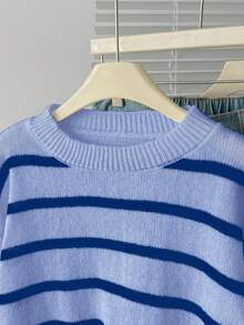 少女时尚休闲百搭黑白条纹毛衣 蓝色毛衣 浅蓝白条纹毛衣 蓝色服装 蓝白套装 少女秋冬 - 藍色 - 查看 3