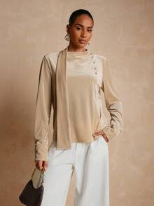 Lyxana Velvet Textured Fabric Collar Tie Decor Lantern Sleeve Elegant Women Blouse - Apricot - View 5