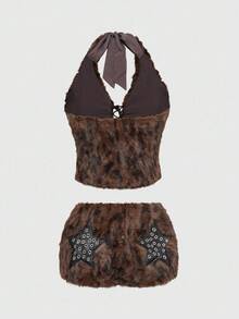 ROMWE Hippie Women's Y2K Harajuku Leopard Faux Fur Crop Top With Star Pocket Two Pieces Set - Brown - View 2