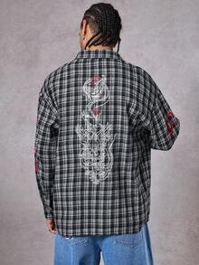 DAZY 男士格子衬衫，袖子和背面有字母印花图案，多色，秋季 - 彩色 - 查看 2