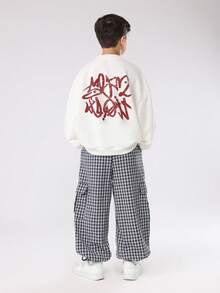 SUMWON 男童复古街头风格两件套涂鸦印花套装，含格纹工装裤，冬季秋季休闲宽松街头服饰套装 - 杏色 - 查看 1