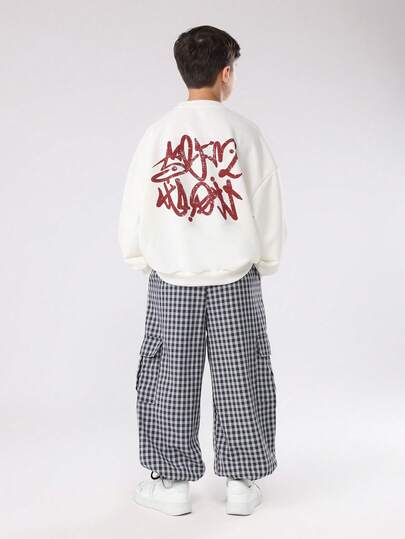 SUMWON 男童复古街头风格两件套涂鸦印花套装，含格纹工装裤，冬季秋季休闲宽松街头服饰套装