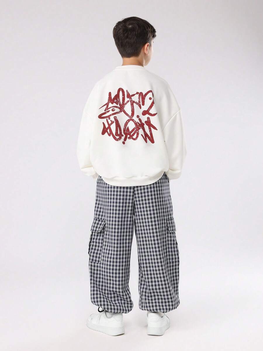 SUMWON 男童复古街头风格两件套涂鸦印花套装，含格纹工装裤，冬季秋季休闲宽松街头服饰套装 - 杏色 - 查看 1