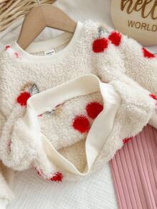 Babygirl 可爱毛绒樱桃印花长袖卫衣套装，秋冬