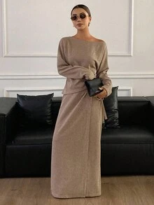 DAZY Bộ đồ thường ngày 2 món dành cho nữ, hàng mới về cho mùa thu đông - Màu Khaki - Xem 2