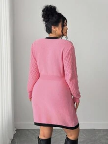 Elenzga Plus Size Women's Autumn Long Sleeve Knotted Front Pocket Design Elegant Knit Dress