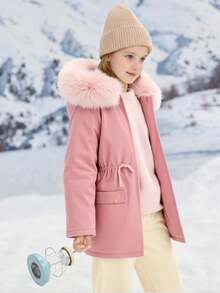 SHEIN 女式连帽仿毛领夹棉派克大衣，中长款，粉色，秋冬 - 粉色 - 查看 2