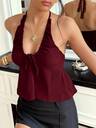 Breezaya Women's Halter Bowknot Drawstring Deep V-Neck A-Line Elegant Sexy Elegant Camisole Burgundy Top Wine Red Top