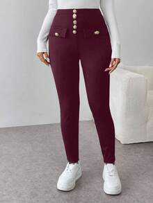 EMERY ROSE Women's Casual Solid Color Slim Fit Pants - Red Violet - View 7