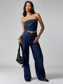 MISSGUIDED Cotton Pinstripe Denim Bandeau Crop Top Strapless Festival Summer Concert Tube Top - Blue - View 3