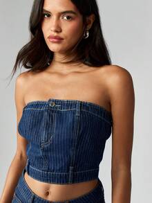 MISSGUIDED Cotton Pinstripe Denim Bandeau Crop Top Strapless Festival Summer Concert Tube Top - Blue - View 4