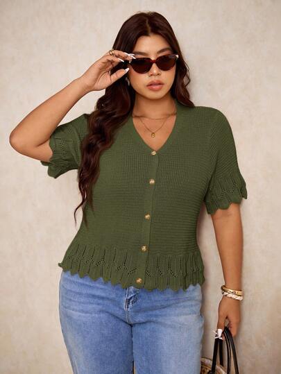 Elaquor Plus Size Casual Solid Color Short Sleeve Cardigan, Green Summer Knit Tops, Vacation Cardigan Spring