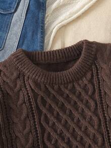 SHEIN Brun rundhalsad kabelstickad tröja för tonårsflickor, höst/vinter - Brun - Visa 3