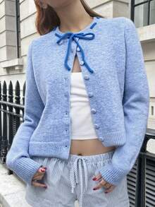 SHEIN Bubbli 全新独特带扣设计开衫针织毛衣 - 藍色 - 查看 1