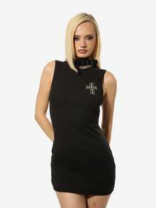 SUMWON WOMEN Váy ngắn Gothic Cross Cotton không tay, bó sát, cổ cao, thích hợp cho lễ hội, câu lạc bộ nhạc rock thay thế, tiệc đêm, thời trang thu đông cho lễ Halloween - màu đen - Xem 2