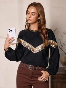 LanaWest Women's Casual Vacation Western Cowgirl Style Sequin Patchwork Raglan Sleeve Sweater, Autumn - Black - View 4