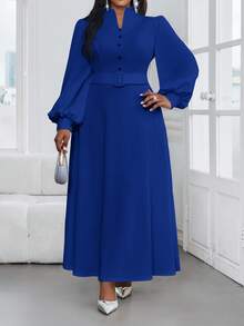 SHEIN Lady 春夏秋冬优雅休闲通勤复古办公室黑色针织立领鱼尾喇叭袖中长款长袖大码连衣裙正装职业装 - 寶藍色 - 查看 1