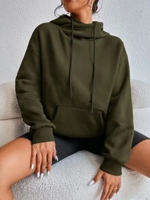 Flirla 休闲纯色卫衣，适合秋冬季穿着 - 軍綠色 - 查看 4