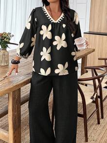 EMERY ROSE 2 Peças Conjunto de Top e Calça Casuais com Estampa Floral em Decote em V, Plus Size, Outono - Multicolorido - Visão 3