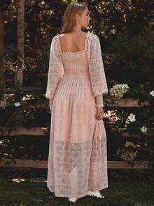 WESTFADE 褶饰方领长袖修身喇叭蕾丝长裙，秋季、冬季、纳什维尔演唱会服装，休闲、可爱、波西米亚风、西部风女装 - 淺粉色 - 查看 2