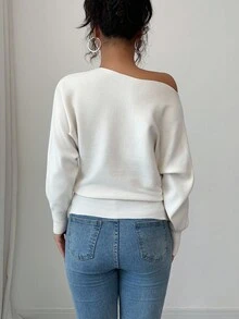 Rafferiza 女士休闲日常不对称领长袖针织纯色宽松套头毛衣，女士针织毛衣打底外套，露肩下摆通勤优雅女士冬季毛衣，秋季女士优雅时尚休闲通勤商务办公日常休闲百搭气质都市教师职业装 - 杏色 - 查看 3