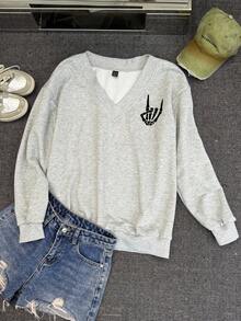 SHEIN EZwear Áo nỉ dáng rộng cổ chữ V họa tiết cử chỉ tay tối giản dành cho nữ cỡ lớn, phù hợp cho mùa thu/đông - Màu Xám nhạt - Xem 4