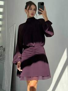 Aloruh Mock Neck Raglan Sleeve Dress Purple - Purple - View 5