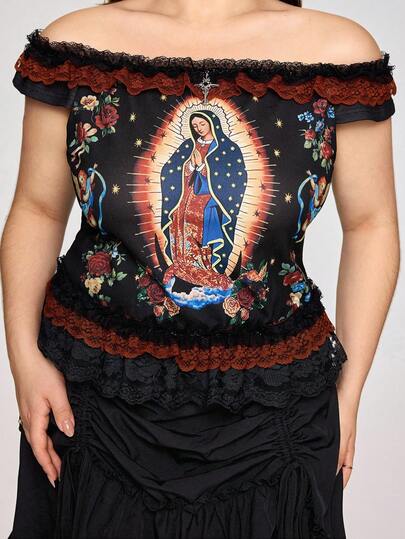 EDITION Blusa de hombros descubiertos para mujer talla grande con ángel oscuro y decoración metálica con encaje