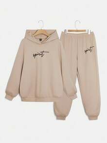 SHEIN EZwear Conjunto de 2 piezas de sudadera con capucha y pantalón de chándal con estampado de letras para tallas grandes - Caqui - Ver 1