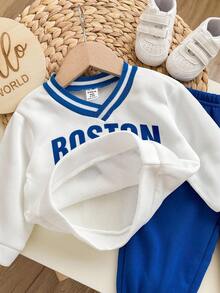 2 件套男婴/女婴蓝色羊毛图案 V 领运动衫和慢跑裤套装，适合秋冬户外休闲运动装 - 藍白色 - 查看 5