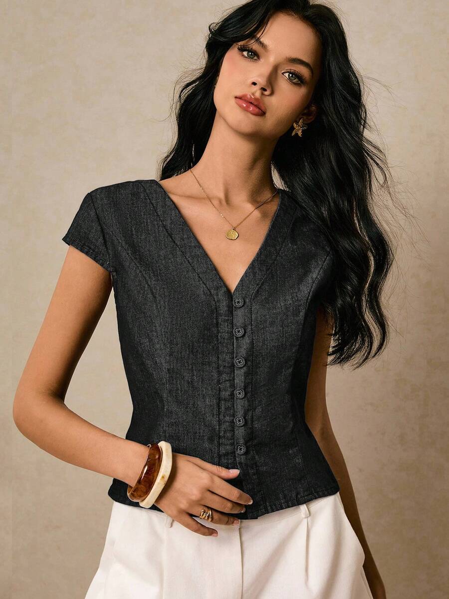 Poéselle 女式休闲前扣腰牛仔衬衫，夏季 - 黑色 - 查看 1