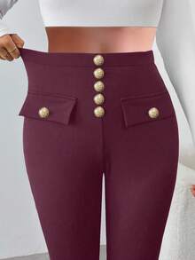 EMERY ROSE Women's Casual Solid Color Slim Fit Pants - Red Violet - View 5