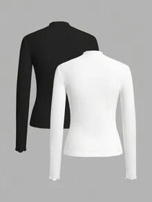 SHEIN EZwear 2 Áo thun dài tay ôm dáng thường ngày cho nữ, vải gân, đa năng, phù hợp cho mùa thu/đông - Nhiều màu - Xem 2