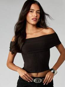 MISSGUIDED Off Shoulder Ribbed Knit Top With Fold Over Neckline - Black - View 5