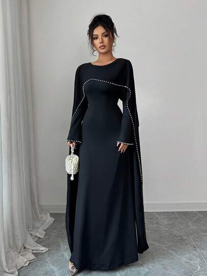 Elenzga Women's 2025 Autumn/Winter New Elegant Long Dress With Delicate Pearl Decoration