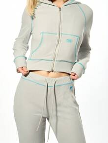 SUMWON WOMEN Waffle Knit Flare Pants With Drawstring Waist And Contrast Trim For Casual Loungewear - Grey - View 5