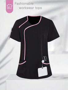 TaskEZ 女士撞色镶边短袖上衣，磨砂上衣 - 黑色 - 查看 1