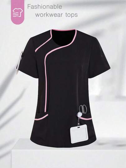 TaskEZ Blusa de manga corta con ribete de color contrastante, Blusas de uniforme médico