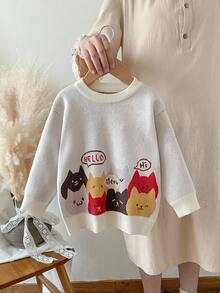 SHEIN Young Girl Casual Cute Cartoon Cat Pattern Crew Neck Sweater, Autumn/Winter - Multicolor - View 1